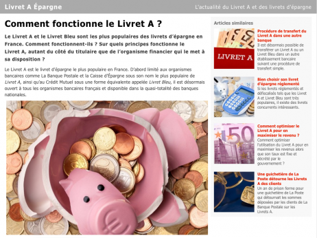 Capture d'écran du site web « Livret A Epargne », spécialiste des livrets d'épargne